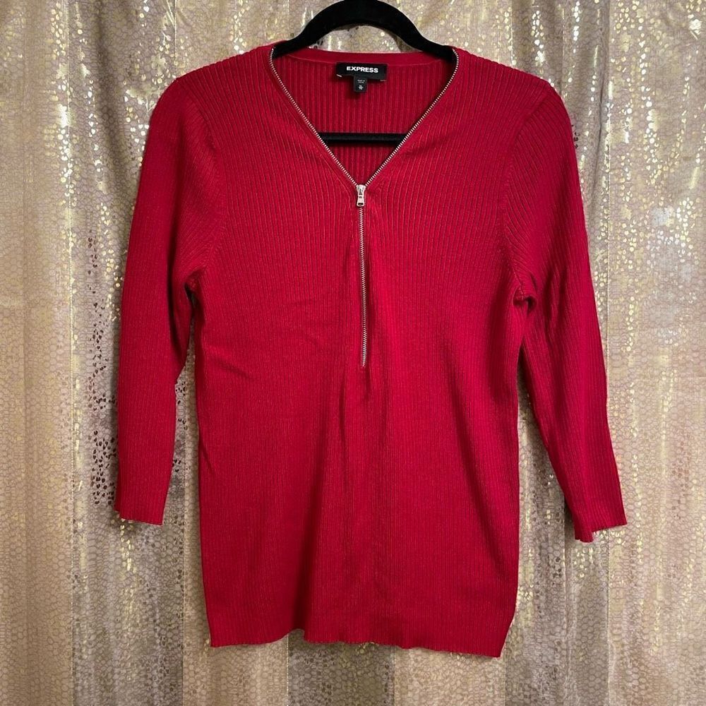 Express Red Ribbed Half Zip Stretchy Casual Sweater, XL